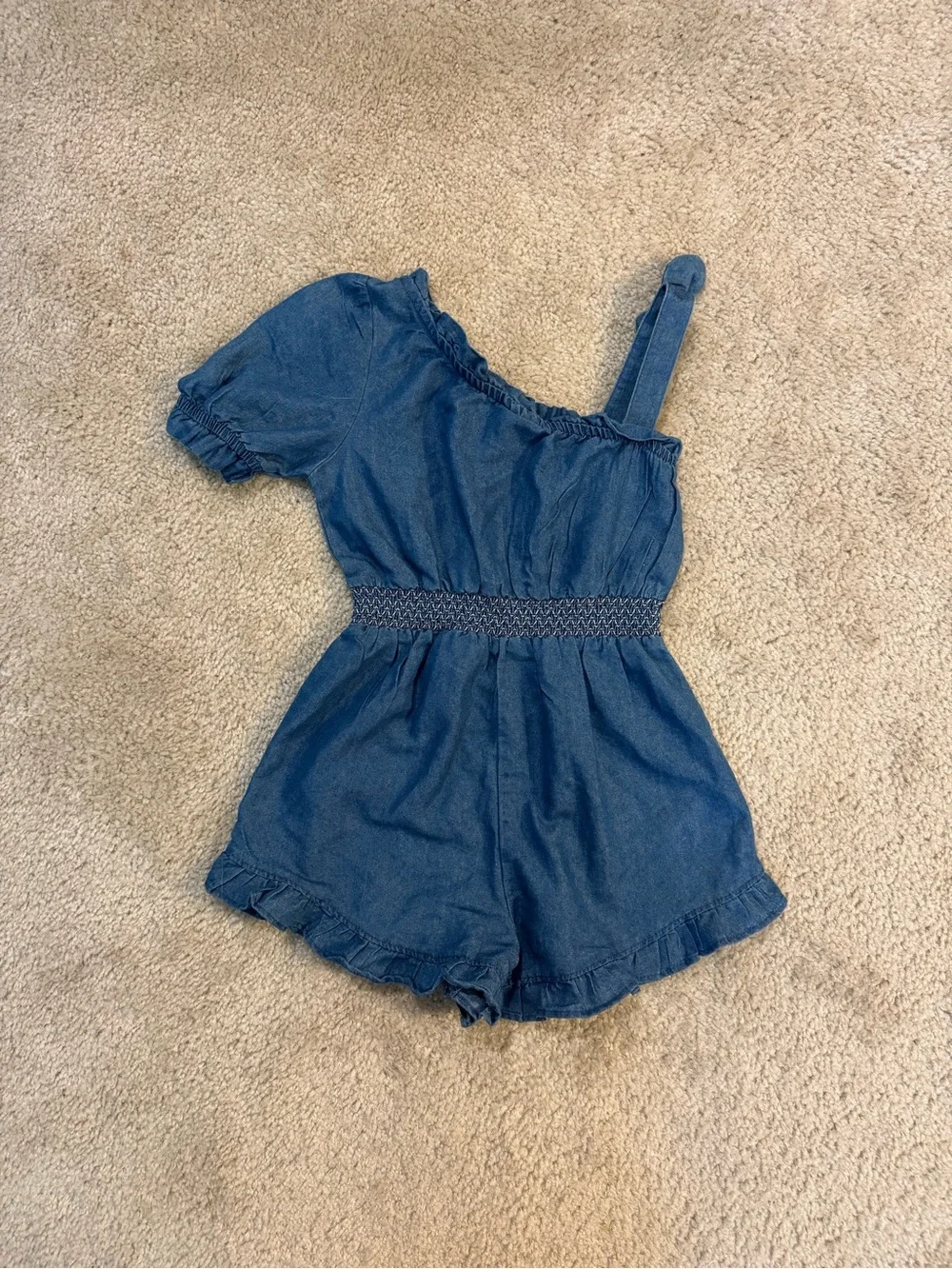 Vince Camuto Girls’ Blue Denim One-Shoulder Ruffle Romper